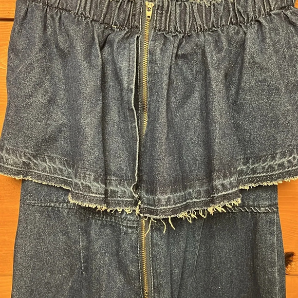 JOA Los Angeles Womens Strapless Blue Denim Jumpsuit  Wide Leg Cropped Frayed XS - Picture 10 of 11